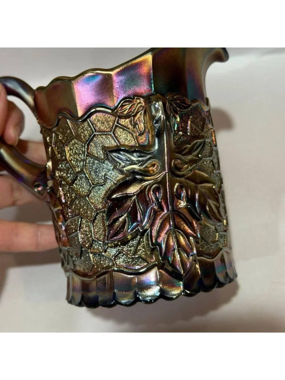 Vintage Dugan Carnival Glass Maple Leaf Iridescent Cobalt Blue Glass 4.5 Creamer